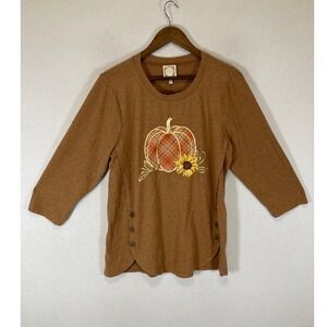 Fall Aesthetic Tru Self Womens XL Brown Pumpkin Sunflower Side Button Knit Top